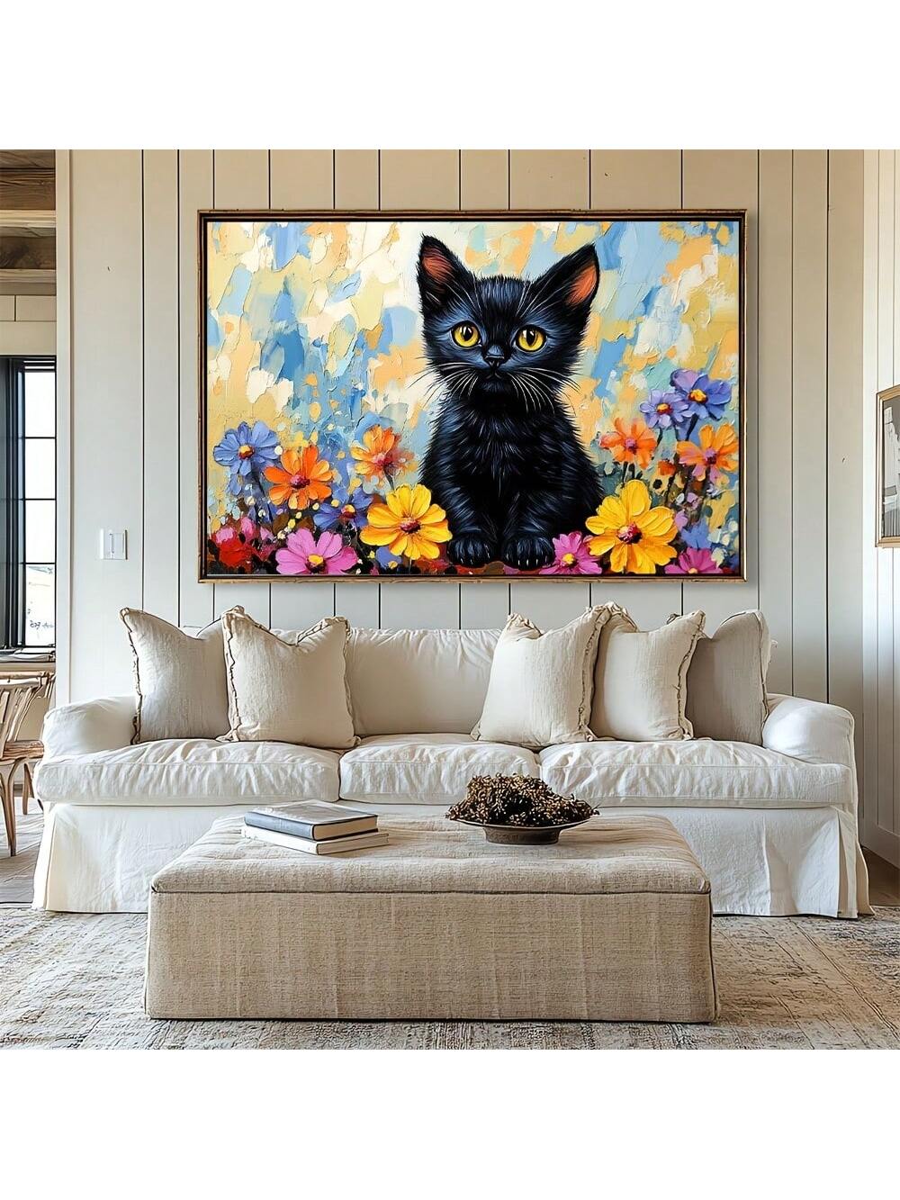 This captivating wall art features a striking black kitten with piercing yellow eyes, surrounded by delicate floral details. Add an elegant touch to any room with this stunning piece that captures the beauty of feline grace.