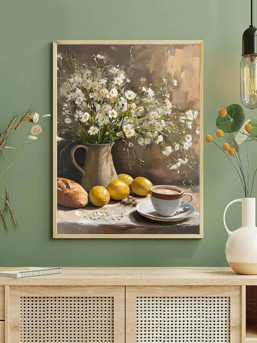Bring nature's beauty into your home with this stunning green floral and fruit canvas art. Featuring vibrant multicolor patterns of plants and fresh produce, this modern unframed painting adds a fresh, contemporary touch to any room—especially dining spaces. Crafted on durable canvas with a waterproof finish, it's built to last. The removable design makes it easy to reposition or update your décor whenever inspiration strikes. Transform your walls into a botanical retreat that celebrates the elegance of nat