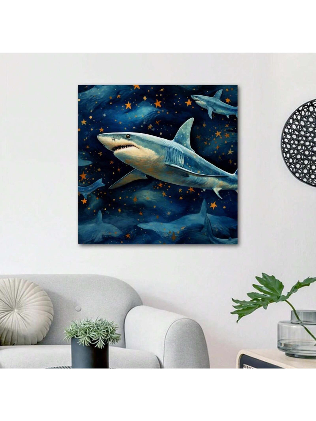 This stunning framed canvas wall art features a captivating shark pattern against a stunning starry sky background. Perfect for adding a touch of marine life to any living room or office space. Crafted with high quality materials, this piece will be a unique and captivating addition to any decor.