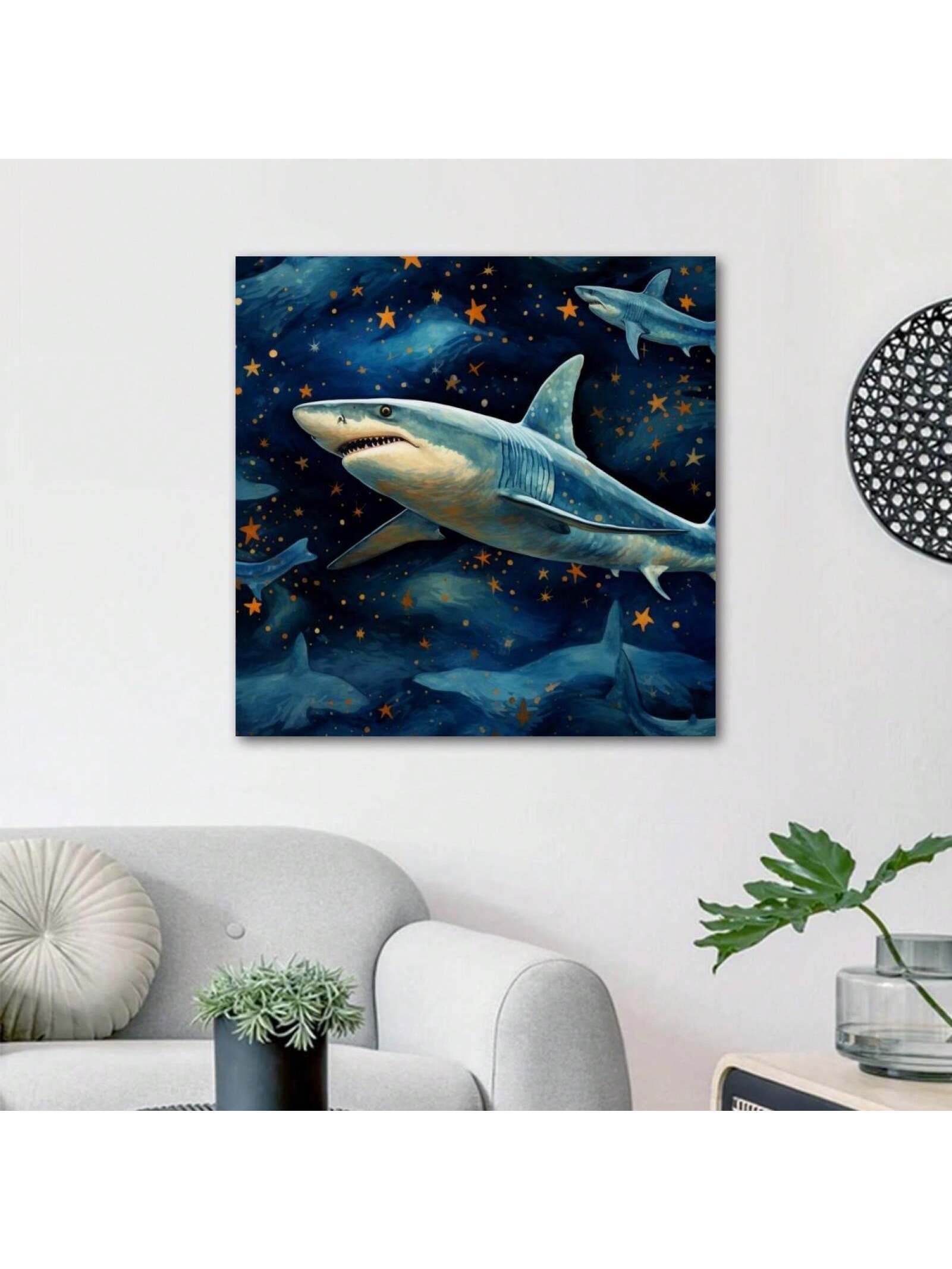 This stunning framed canvas wall art features a captivating shark pattern against a stunning starry sky background. Perfect for adding a touch of marine life to any living room or office space. Crafted with high quality materials, this piece will be a unique and captivating addition to any decor.
