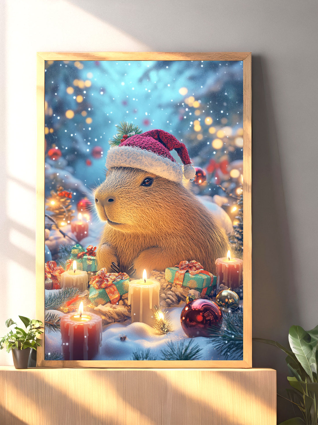 This Capybara Christmas Canvas is the perfect addition to your home decor. Its vibrant colors and festive design make it a great choice for living room, sofa backdrop, or bedside decoration. Made with high-quality materials, it will enhance the holiday spirit in any room. No frame needed.