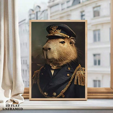 Capybara naval officer portrait canvas print leaning beside a window