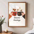 Framed Christmas poster with red and black cocoa mugs raised in a toast