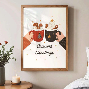 Framed Christmas poster with red and black cocoa mugs raised in a toast