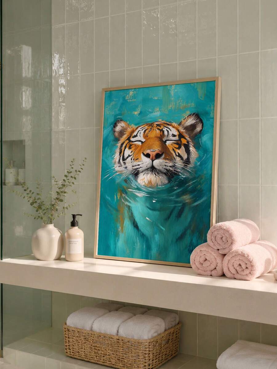 Framed orange tiger swimming in turquoise water above bathroom counter