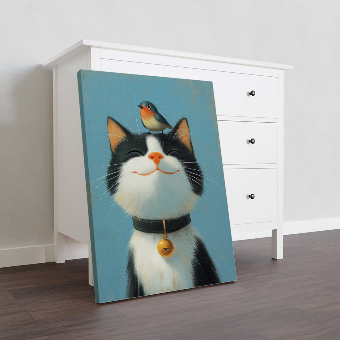 Introduce a touch of whimsy to your home with our Cat and Bird Wall Art Canvas Painting. This piece, featuring a charming cat and inquisitive bird, is perfect for enlivening your living room, sofa backdrop, or bedside. Elevate your home decor with this high-quality and playful artwork.