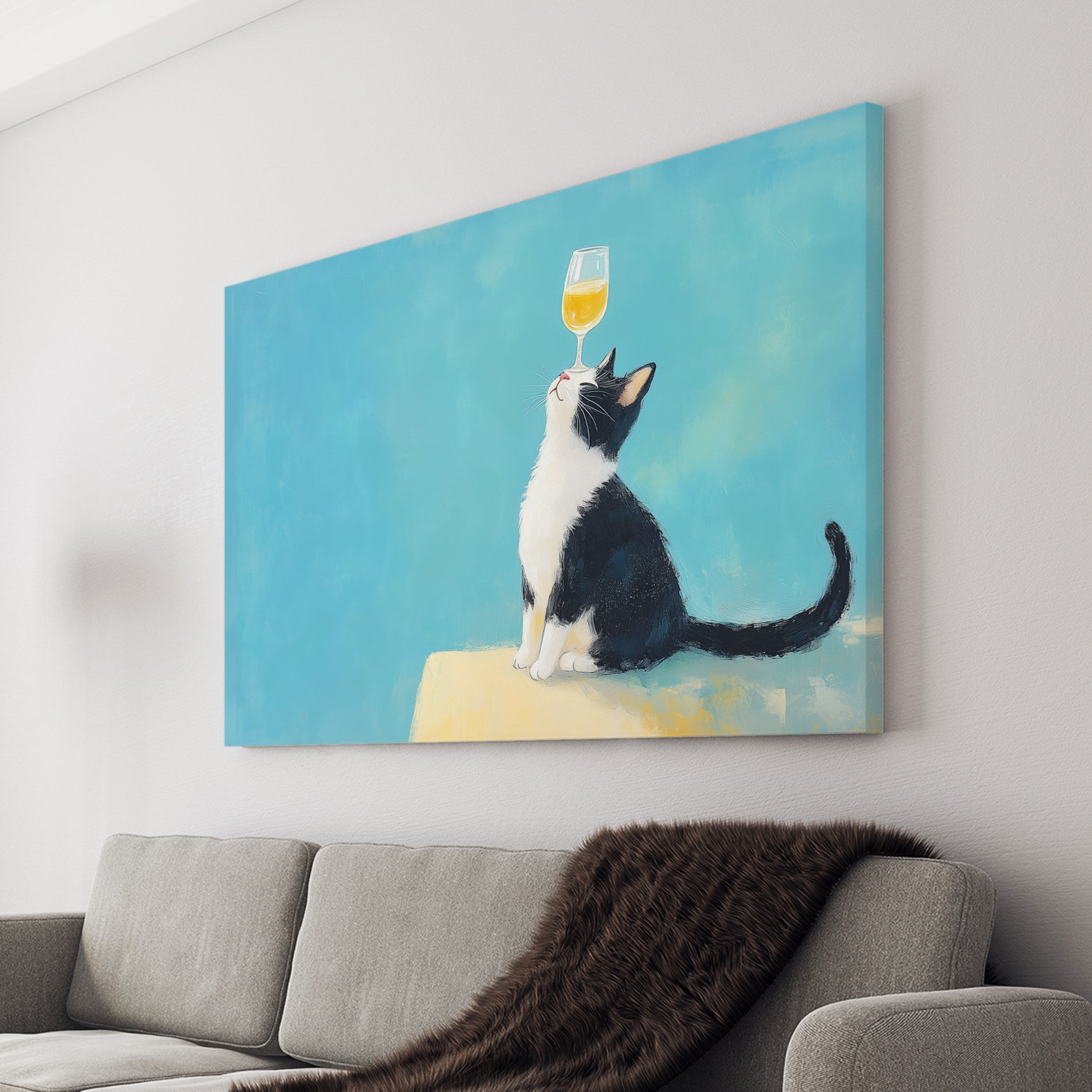 Add a touch of whimsy to your home decor with our Cat and Wine Glass Canvas Wall Art. Featuring a charming pet print against a calming blue background, this piece is perfect for a living room, sofa backdrop, or bedside decoration. Crafted on quality canvas for a lasting accent.