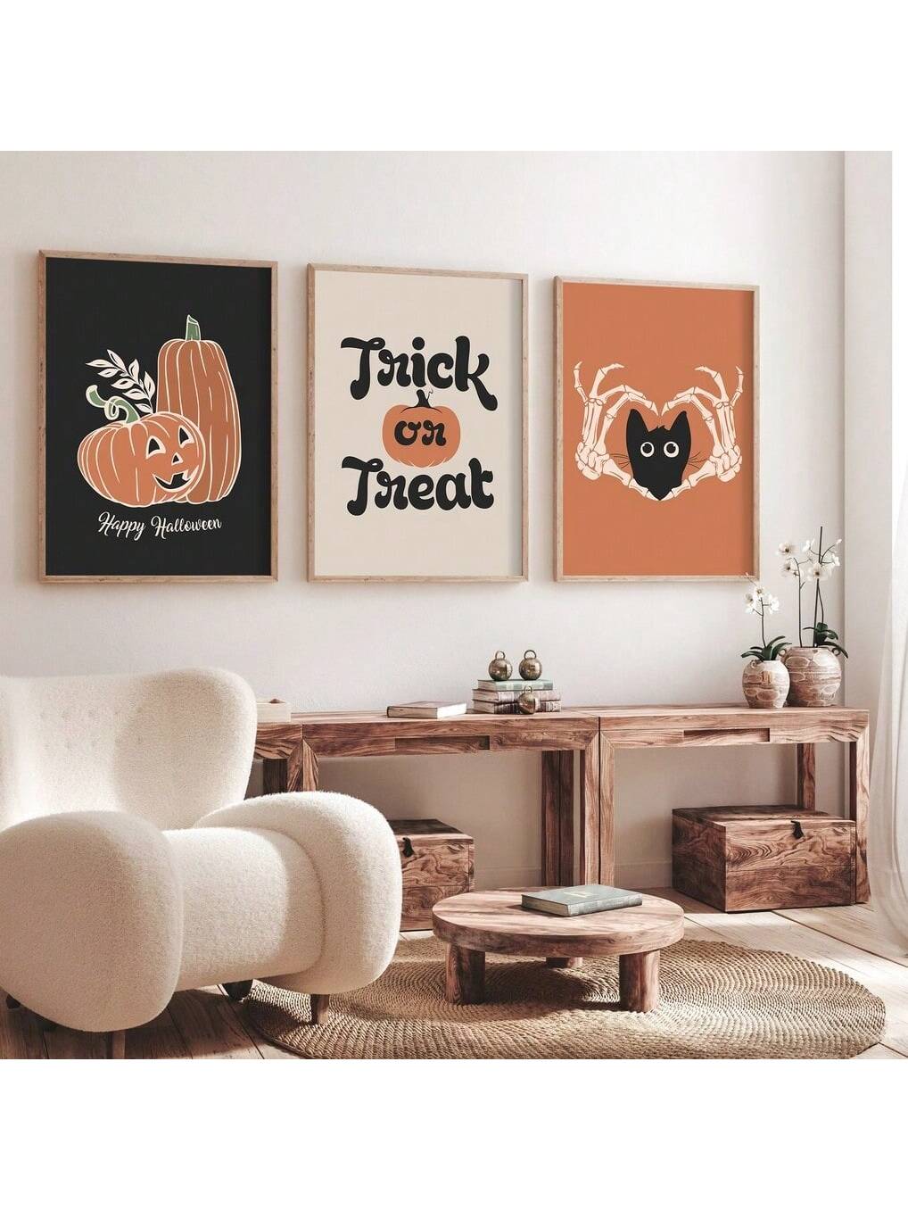 Enhance your Halloween ambiance with this Hauntingly Beautiful 3-Piece Wall Art Set featuring vintage pumpkins and cats. Expertly crafted on canvas, these posters evoke a nostalgic, spooky charm that seamlessly integrates with diverse decor styles. Ideal for adding a sophisticated seasonal touch, this set brings a refined yet eerie atmosphere to your home, celebrating the spirit of autumn with timeless elegance.