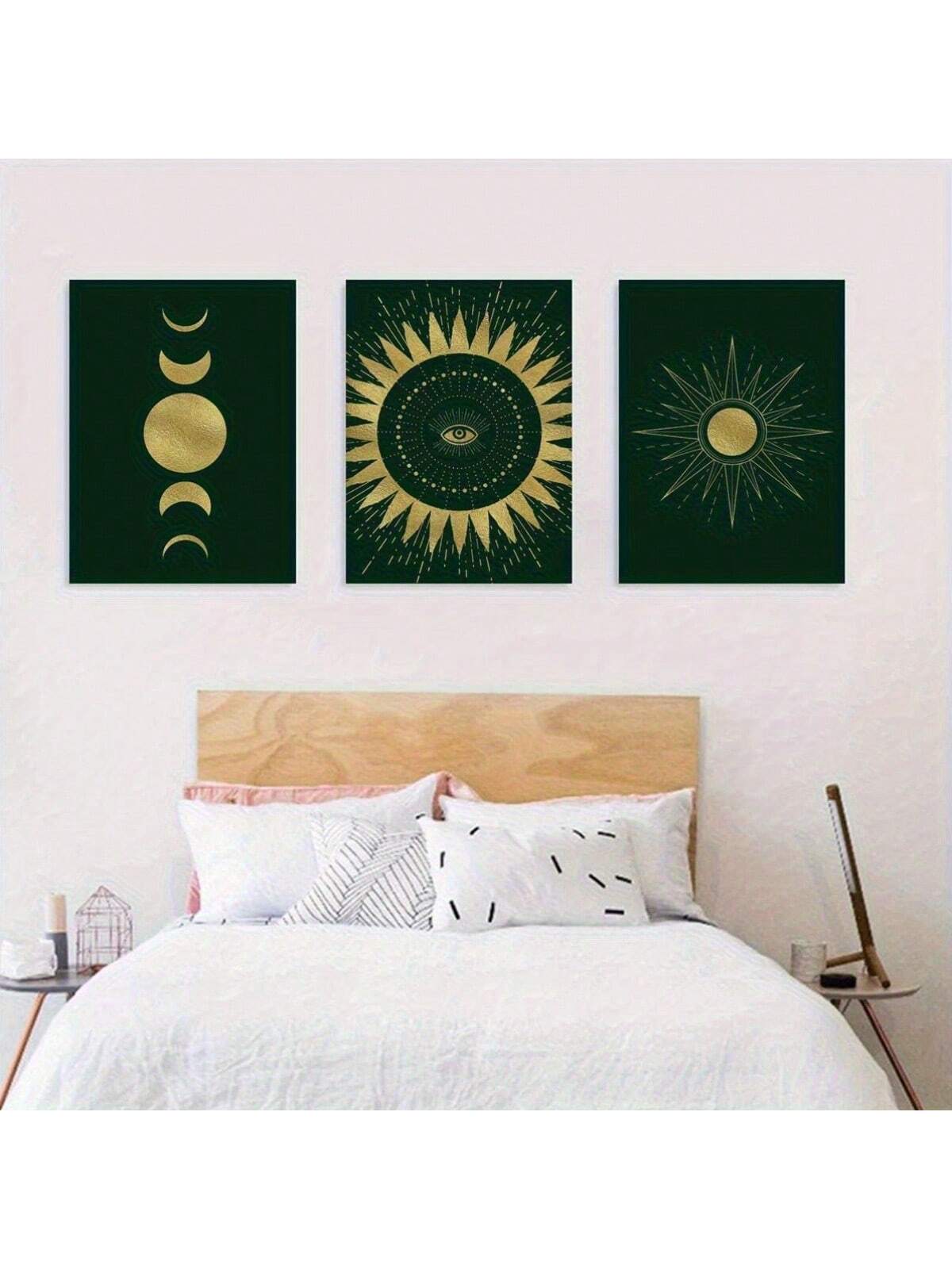 Elevate your boho-inspired space with the Celestial Elegance 3-piece art set, featuring rich emerald green and golden hues. This curated collection blends sophisticated color contrasts with artistic design, creating a harmonious focal point that enhances any room’s ambiance. Perfect for those seeking to infuse their home with refined style and a touch of celestial charm.