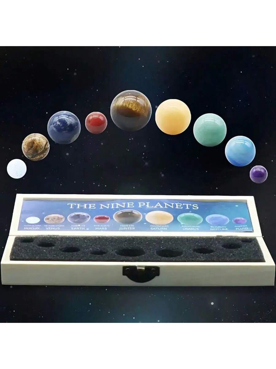 Enhance the energy in your home with Celestial Harmony. Featuring 9 natural crystal gemstones crafted into mini replicas of our solar system's planets, this decorative ornament set adds a touch of cosmic wonder to any room. Each piece embodies unique healing properties for a harmonious ambiance.