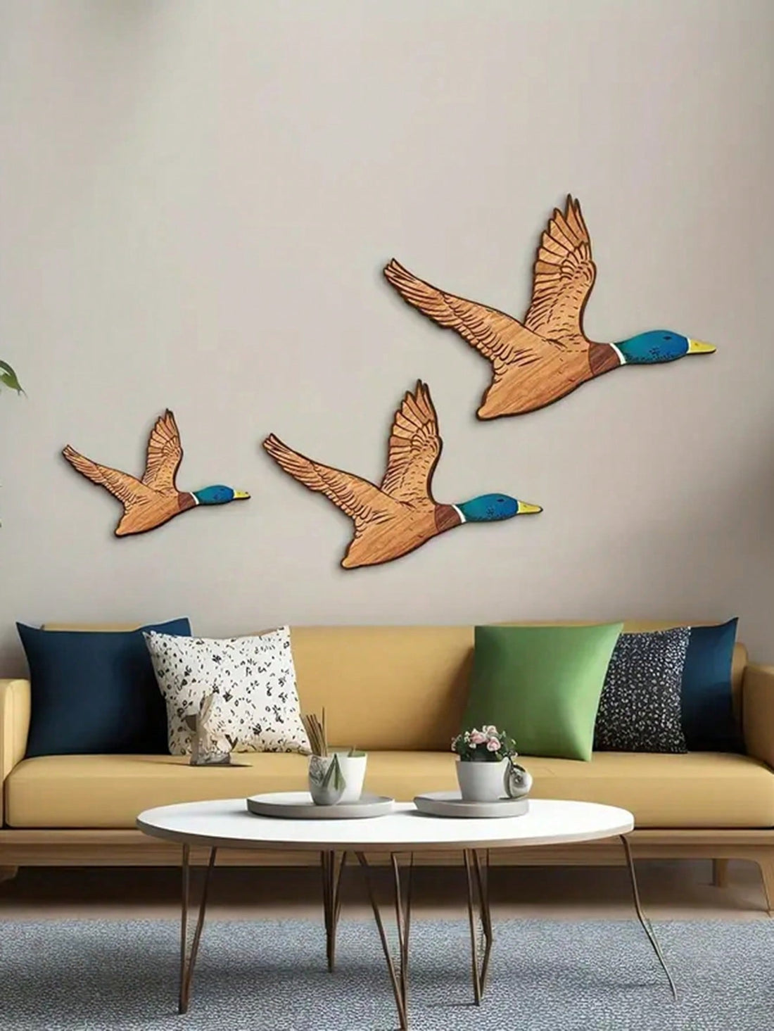 This elegant 3-piece carved wooden duck wall art set is the perfect addition to your home or office decor. Each piece features charming and intricately carved ducks in a flying bird design, adding a touch of nature and sophistication to any room. Made with high-quality materials, this wall art set is sure to impress.