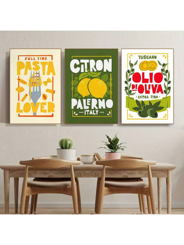 Enhance your dining area with this elegant 3-piece set of unframed kitchen canvas art prints, showcasing vibrant images of pasta and lemons. Designed to bring a fresh and inviting atmosphere, these prints add a tasteful culinary touch to your home decor. Their versatile style complements various interior themes, making them an expert choice for elevating your kitchen or dining space ambiance.