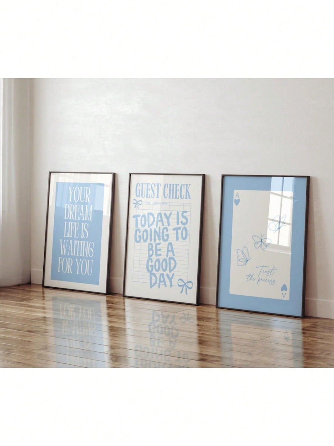 Elevate your bedroom or dorm space with this Charming Blue Butterfly Trio, a set of three beautifully designed prints. Each piece features delicate blue butterflies that add a touch of elegance and whimsy, perfect for creating a stylish and inviting atmosphere. These prints are ideal for those seeking a subtle yet sophisticated decor update that complements a girly aesthetic with expert finesse. Easy to frame and display, they bring a refreshing natural element to your personal space.