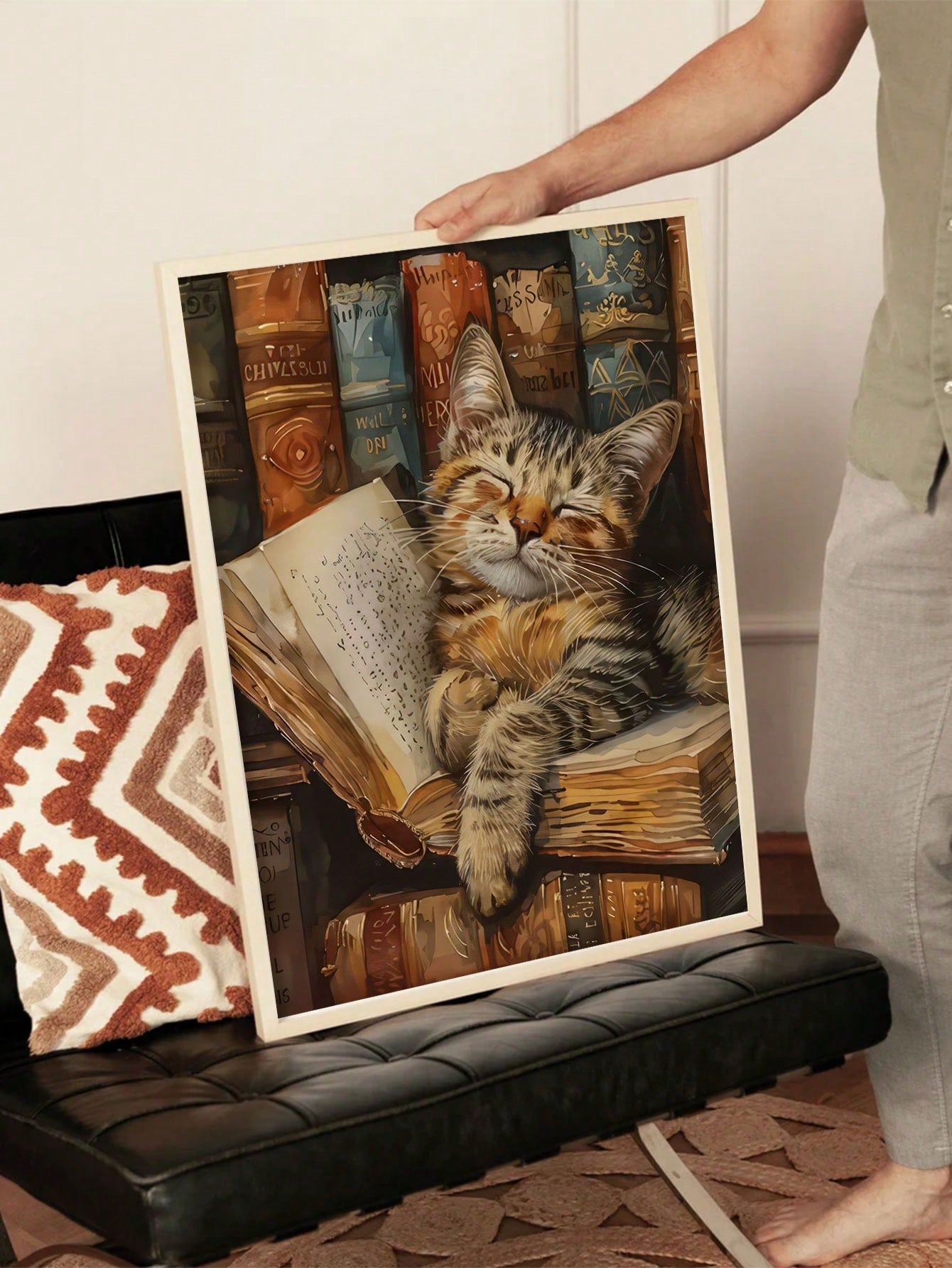 Transform your space with this sophisticated Tabby Cat Canvas Poster featuring a charming feline against a retro library backdrop. The borderless design maximizes visual impact while seamlessly integrating into bedroom or living room décor.
