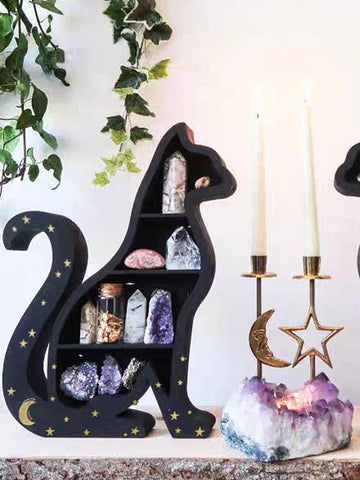 Charming Cat-Themed Wooden Crystal Stone Shelf - A Whimsical Touch for Home & Office Décor