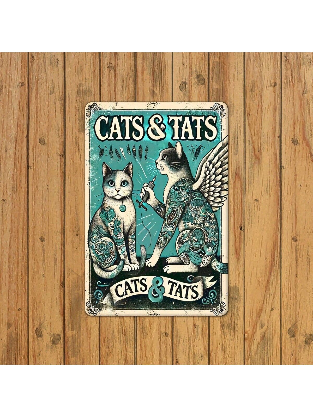 Enhance your home decor with our Charming Cat Tattoo Vintage Metal Sign. Made using high-quality waterproof materials, this 8" x 12" sign is perfect for any room in your home. Show off your love for cats and add a touch of vintage charm to your space.