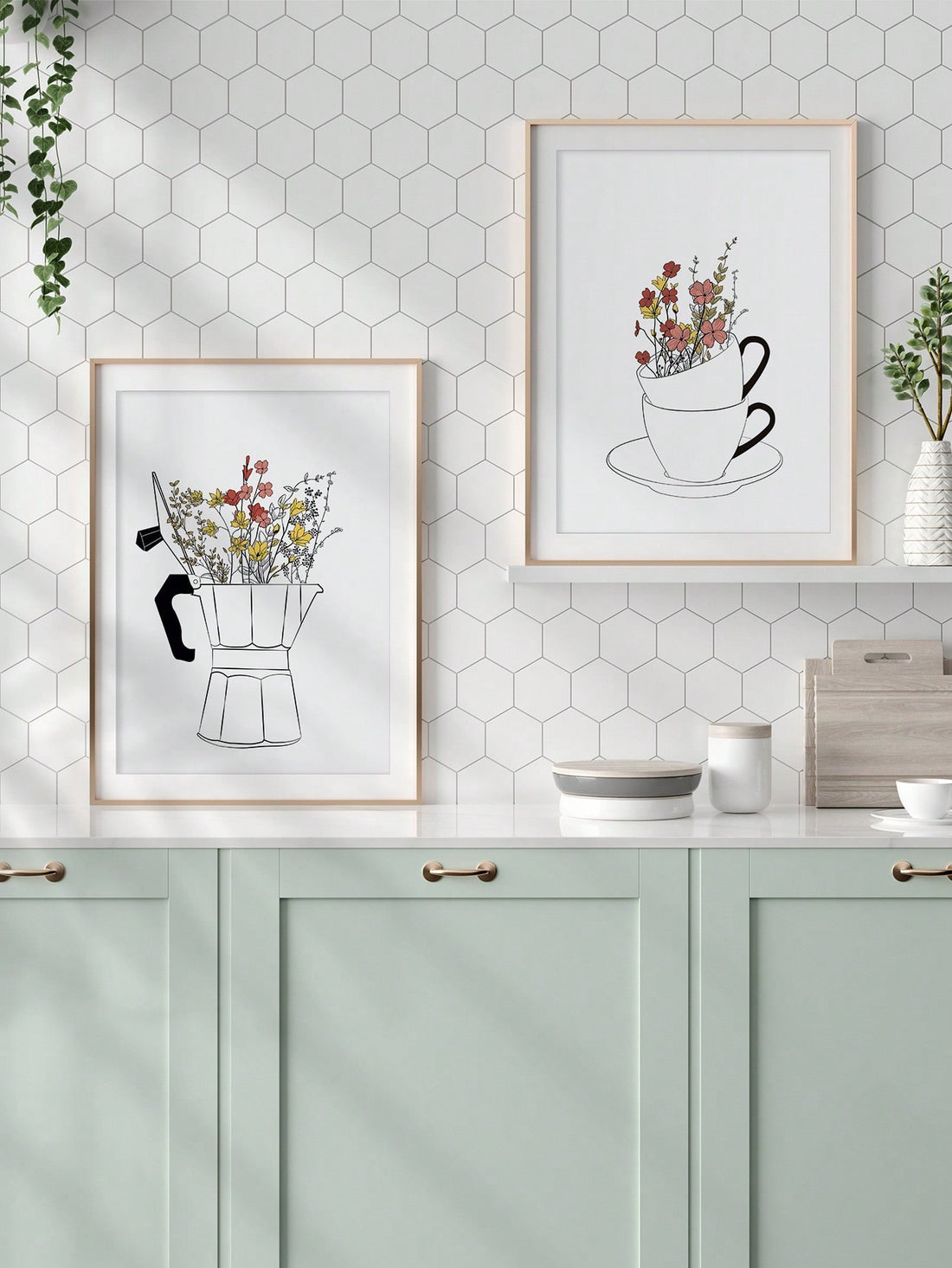 Elevate the charm of your cozy space with this Charming Coffee &amp; Floral Canvas Art - 2-Piece Nordic Poster Set. Expertly crafted with a touch of Nordic aesthetic, these posters feature charming coffee and floral designs that will add an inviting and warm atmosphere to your room. Perfect for coffee lovers and art enthusiasts alike.