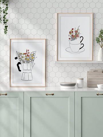 Elevate the charm of your cozy space with this Charming Coffee &amp; Floral Canvas Art - 2-Piece Nordic Poster Set. Expertly crafted with a touch of Nordic aesthetic, these posters feature charming coffee and floral designs that will add an inviting and warm atmosphere to your room. Perfect for coffee lovers and art enthusiasts alike.
