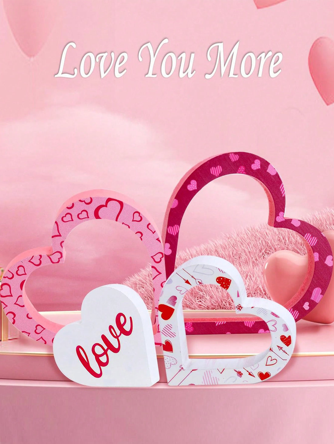 Add a touch of charm to your home or office with our 4-piece Valentine's Day decor set. These double-sided wooden heart signs are perfect for celebrating the season of love. Made with high-quality materials, these signs are durable and long-lasting. Show your love with style and elegance.