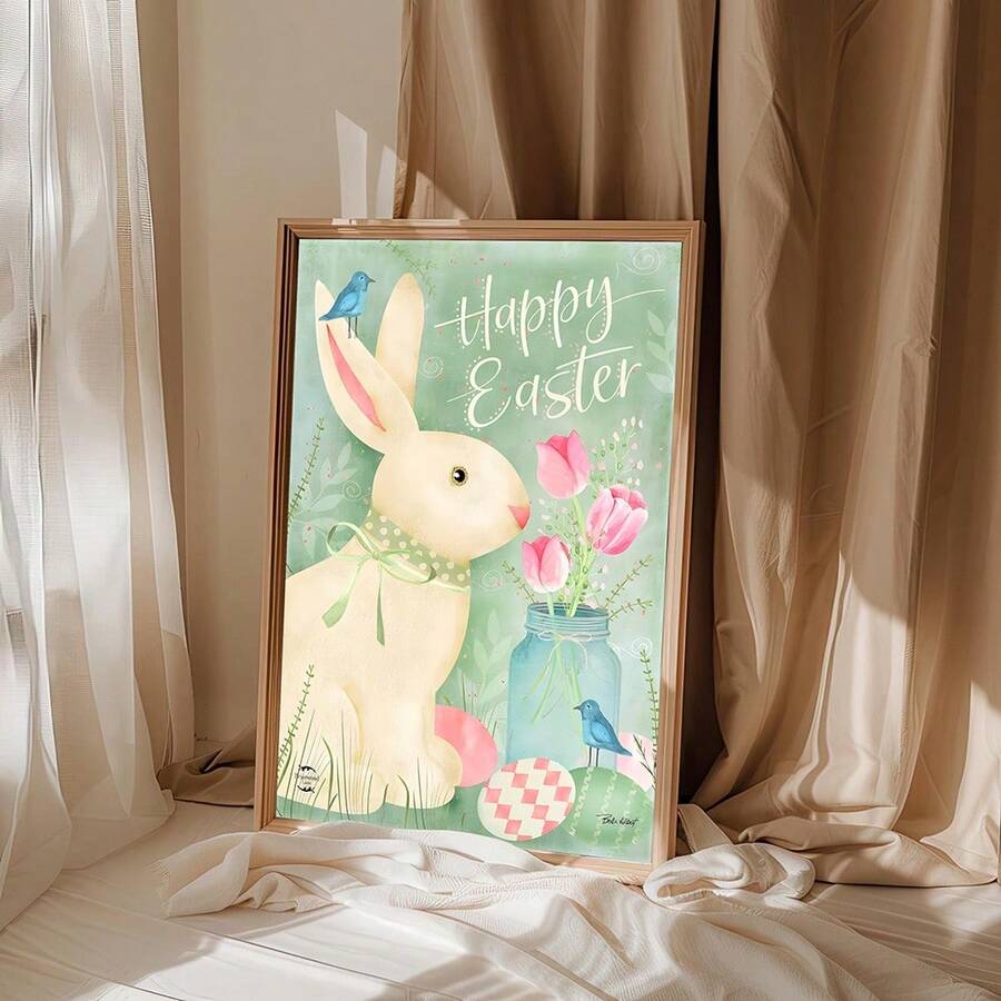 Bring festive spring charm to your home with this delightful Easter Bunny wall art. Featuring an adorable cartoon rabbit surrounded by colorful tulips and Easter eggs, this canvas print adds warmth and whimsy to any room. The waterproof canvas ensures durability and easy maintenance, making it perfect for dining rooms, bedrooms, or living spaces. Available as a framed, ready-to-hang painting that instantly transforms your décor. Ideal for Easter celebrations or year-round spring-inspired interiors.