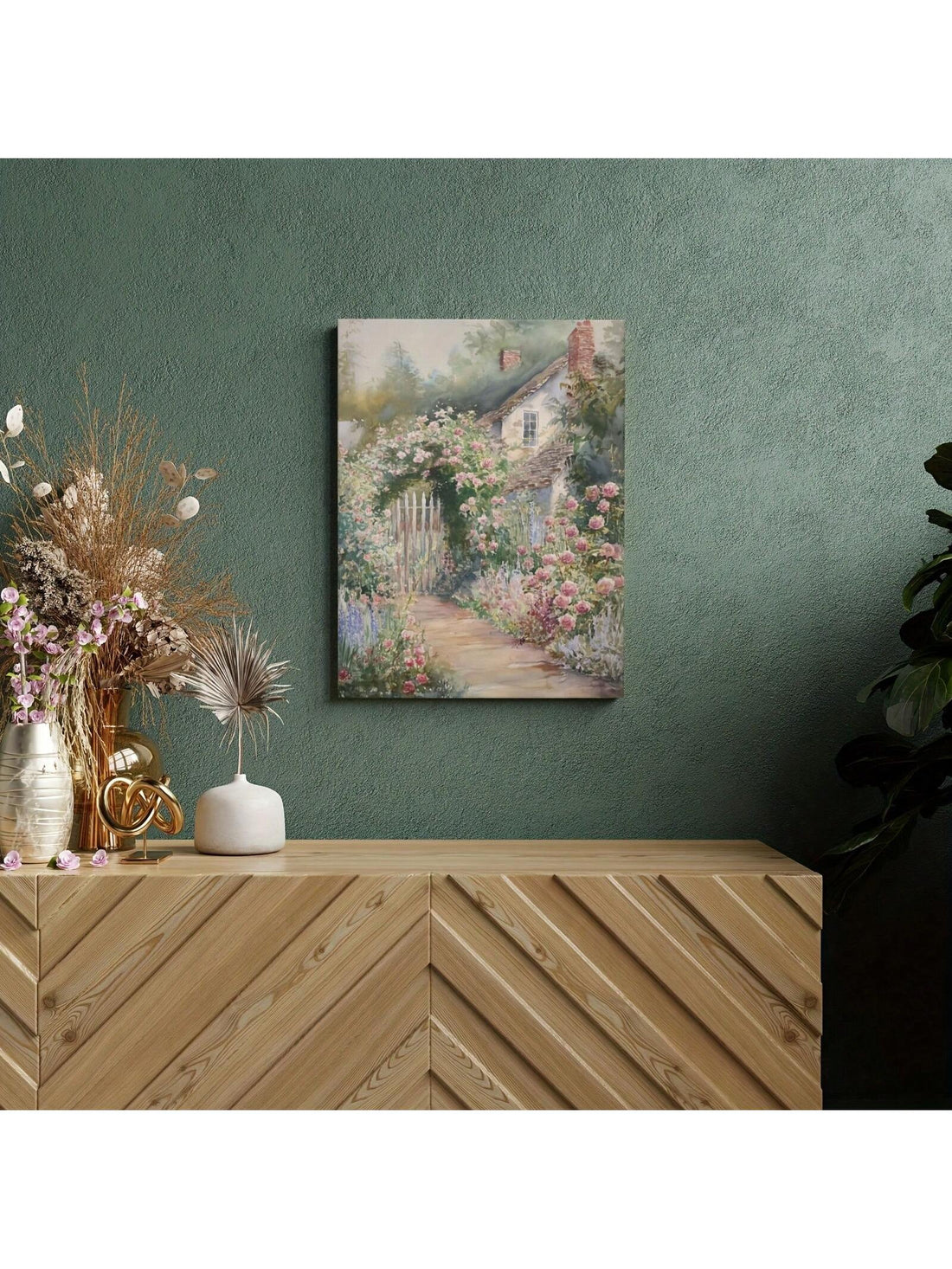 This Charming English Cottage Garden wall art features delicate pastel watercolor illustrations of beautiful roses and wildflowers, framed to add a touch of elegance to any space. Bring the charm of an English garden into your home with this stunning piece.