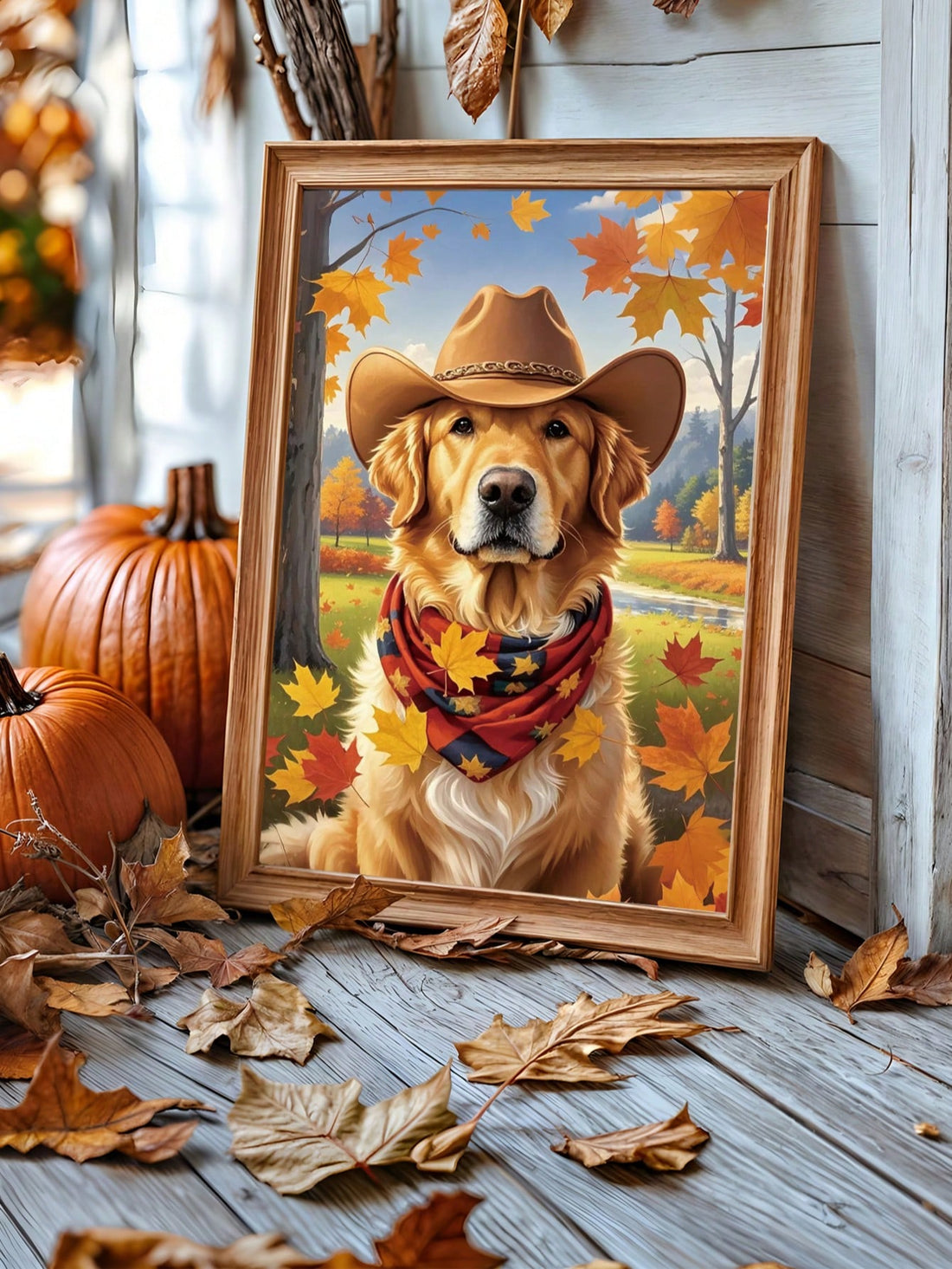 Celebrate the warmth of autumn with this expertly crafted canvas art featuring a Golden Retriever wearing a cowboy hat beneath a vibrant maple tree. This piece combines rustic charm with seasonal beauty, making it an ideal addition to your home decor. Its detailed imagery and rich fall colors create a welcoming atmosphere, perfect for enhancing living spaces with a touch of nature and personality. Durable and ready to hang, this artwork offers both aesthetic appeal and lasting quality for any room.