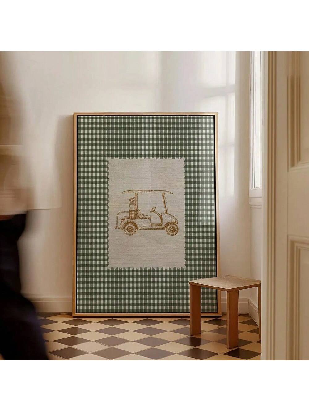 Add a touch of playful charm to your child's room with this Green Gingham Golf Cart Canvas Print. Its soft green gingham pattern and whimsical golf cart design create a soothing yet engaging atmosphere, ideal for nurseries and kids' spaces. Crafted on high-quality canvas, this print offers durability and vibrant color retention, making it a lasting decorative piece that complements a variety of nursery themes. Perfect for parents seeking expert-approved, stylish wall art that combines fun and subtlety in on