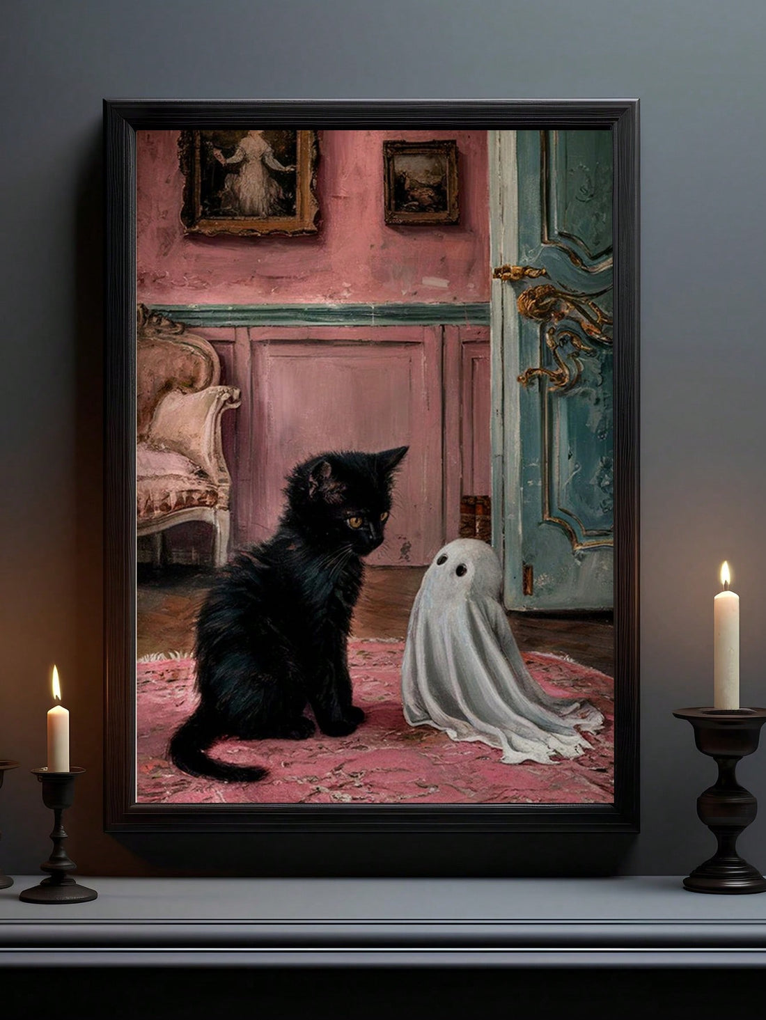 Transform your space into a festive autumn haven with this delightful Halloween canvas wall art. Featuring an enchanting blend of adorable ghosts, playful kittens, and a classic vintage black cat, this piece brings whimsical charm to any room. The carefully curated design balances spooky elements with cute aesthetics, making it ideal for those who appreciate Halloween décor with personality. 