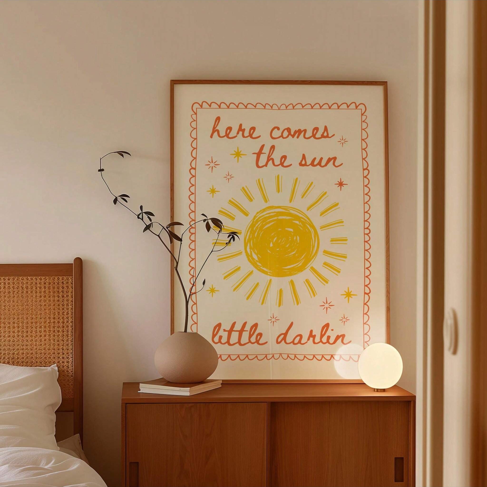 Brighten your space with the Charming 'Here Comes The Sun' Wall Art Canvas, designed to add a warm, uplifting touch to nurseries, bedrooms, or living rooms. Its soft hues and gentle design create a comforting atmosphere, making it an ideal choice for girly decor. Crafted to seamlessly blend with various styles, this canvas brings a subtle yet inspiring presence to any room.