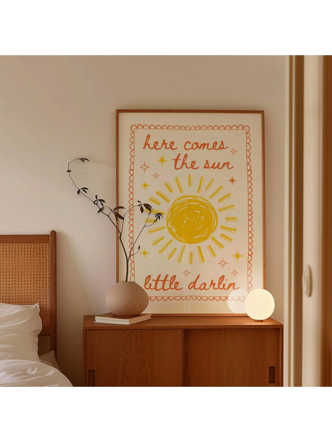 Brighten your space with the Charming 'Here Comes The Sun' Wall Art Canvas, designed to add a warm, uplifting touch to nurseries, bedrooms, or living rooms. Its soft hues and gentle design create a comforting atmosphere, making it an ideal choice for girly decor. Crafted to seamlessly blend with various styles, this canvas brings a subtle yet inspiring presence to any room.