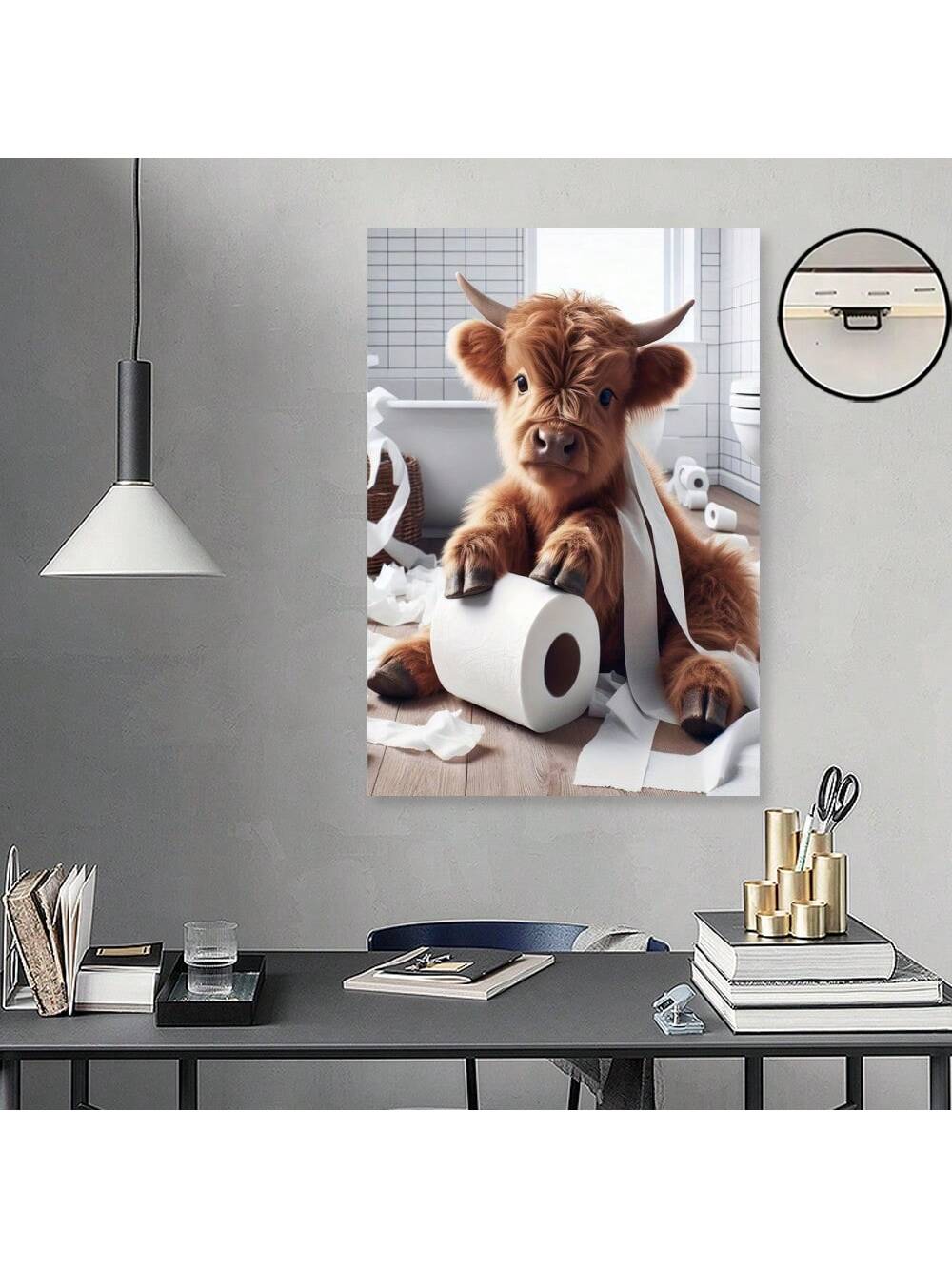 Add a charming touch to your bathroom with our Highland Cow wall art. Featuring a rustic and playful design, this wall art will add a fun and unique element to your space. Made with high-quality materials, it's the perfect addition to your bathroom decor. Transform your space today!