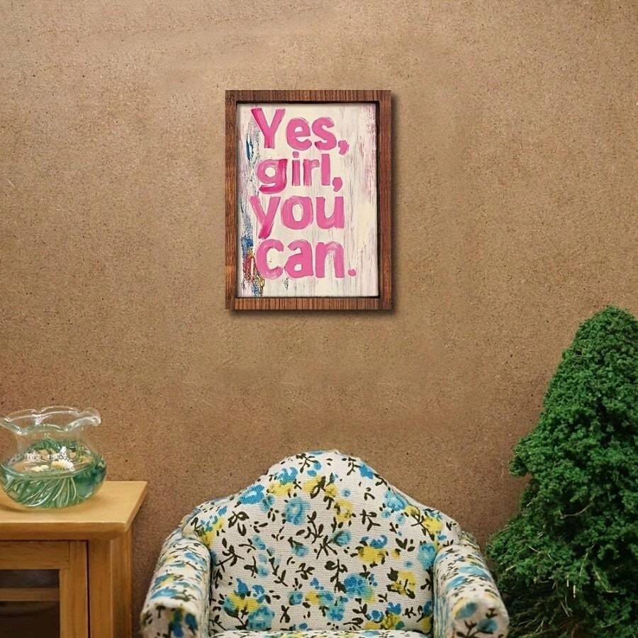 This charming miniature wooden sign features an inspiring "Yes You Can" message, perfect for adding motivational décor to any dollhouse or miniature display. Crafted from quality wood with a rustic farmhouse aesthetic, it brings warmth and character to small spaces. The waterproof finish ensures durability, making it suitable for various display settings. An ideal accent piece for collectors and enthusiasts who appreciate detailed, meaningful miniature décor.