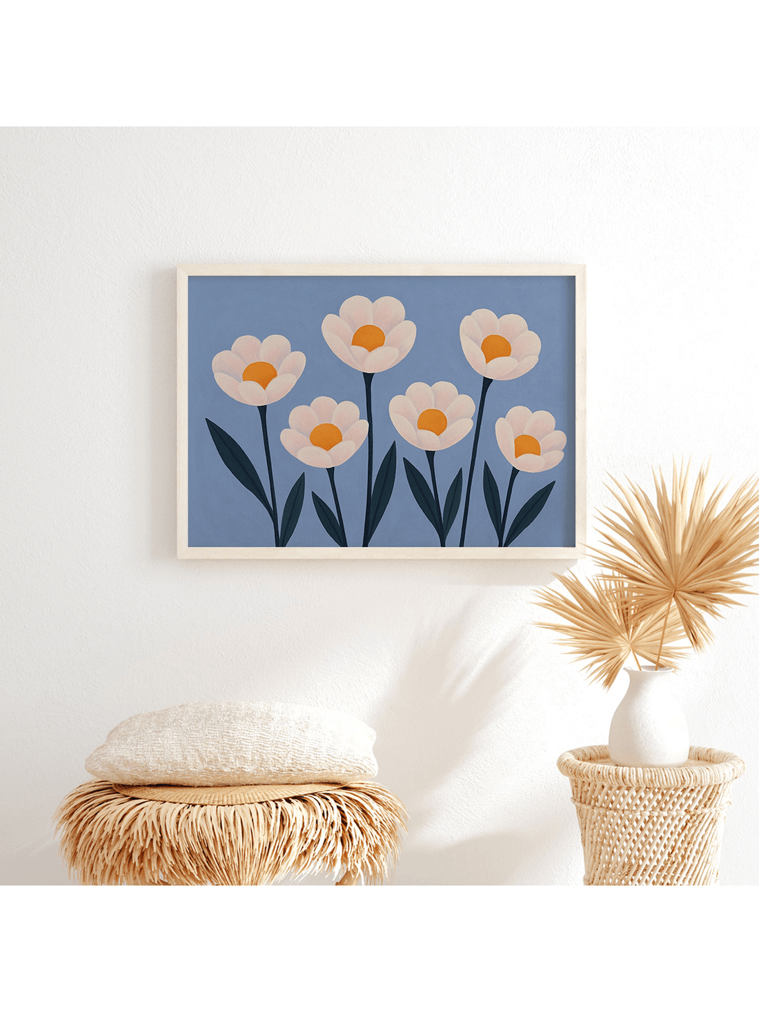 Elevate your living space with this Charming Modern Daisy Canvas Art, featuring delicate white petals set against a serene blue background. This piece blends contemporary design with natural elegance, making it an ideal choice for stylish home décor. Its calming color palette and refined detail create a soothing atmosphere, perfect for enhancing any room with subtle sophistication.