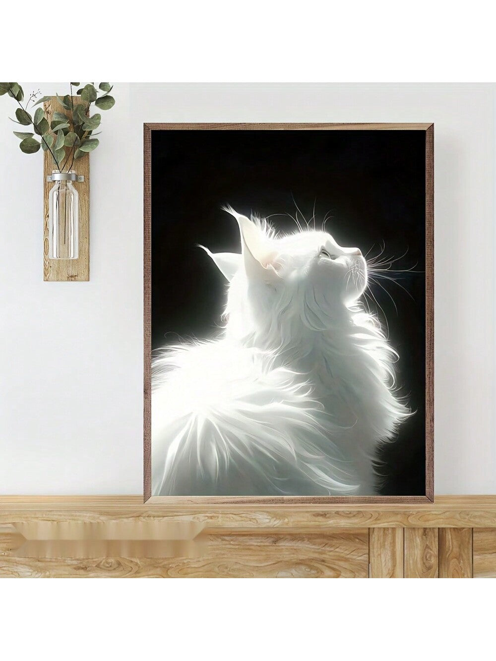 Add a touch of charm to any room with this whimsical canvas art featuring a modern white cat. Hang it on your wall for a fun and unique decoration that is sure to bring a smile to your face. Made with high-quality materials, this art piece will last for years to come.