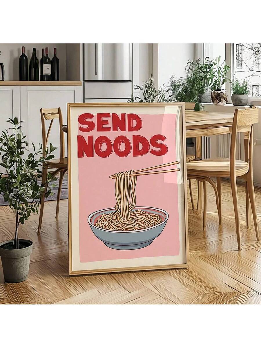 Bring playful charm to your kitchen with this delightful noodle-patterned wall art. Featuring witty culinary quotes on a soft pink canvas, this frameless piece adds personality and humor to any cooking space. Perfect for dining rooms, kitchens, or living areas, it's crafted from durable 100% polyester canvas that resists fading. The modern frameless design complements contemporary and eclectic décor styles. Whether you're a food enthusiast or simply love lighthearted kitchen humor, this unique artwork trans
