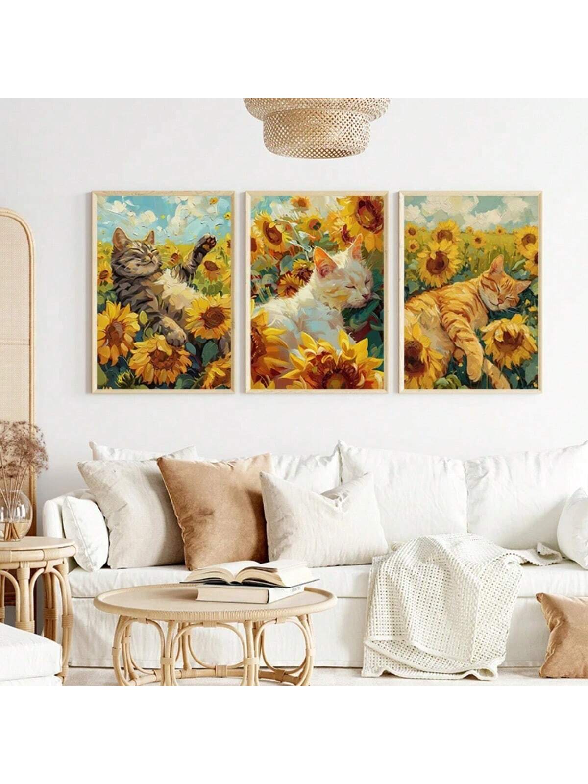 Bring warmth and whimsy to your living room with this charming canvas art featuring an adorable orange cat surrounded by sunflowers. Blending playful coffee-themed elements with vibrant colors, this piece enhances any space with a cozy, inviting atmosphere. Perfect for cat lovers and art enthusiasts alike, it offers a unique focal point that brightens your décor while reflecting a love for comfort and nature.