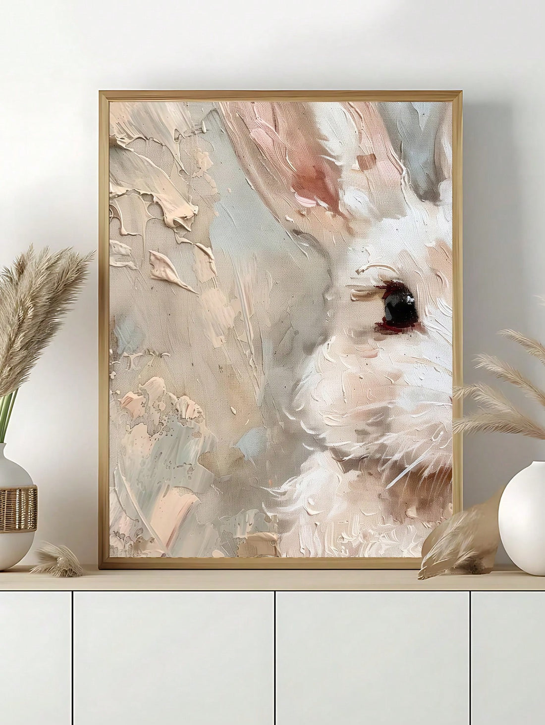 This delightful pastel bunny wall art brings warmth and character to any room with its vintage-inspired aesthetic. Hand-painted in soft, muted tones, the piece captures the gentle charm of traditional Easter imagery while maintaining a timeless quality that complements farmhouse and cottage-style interiors.
