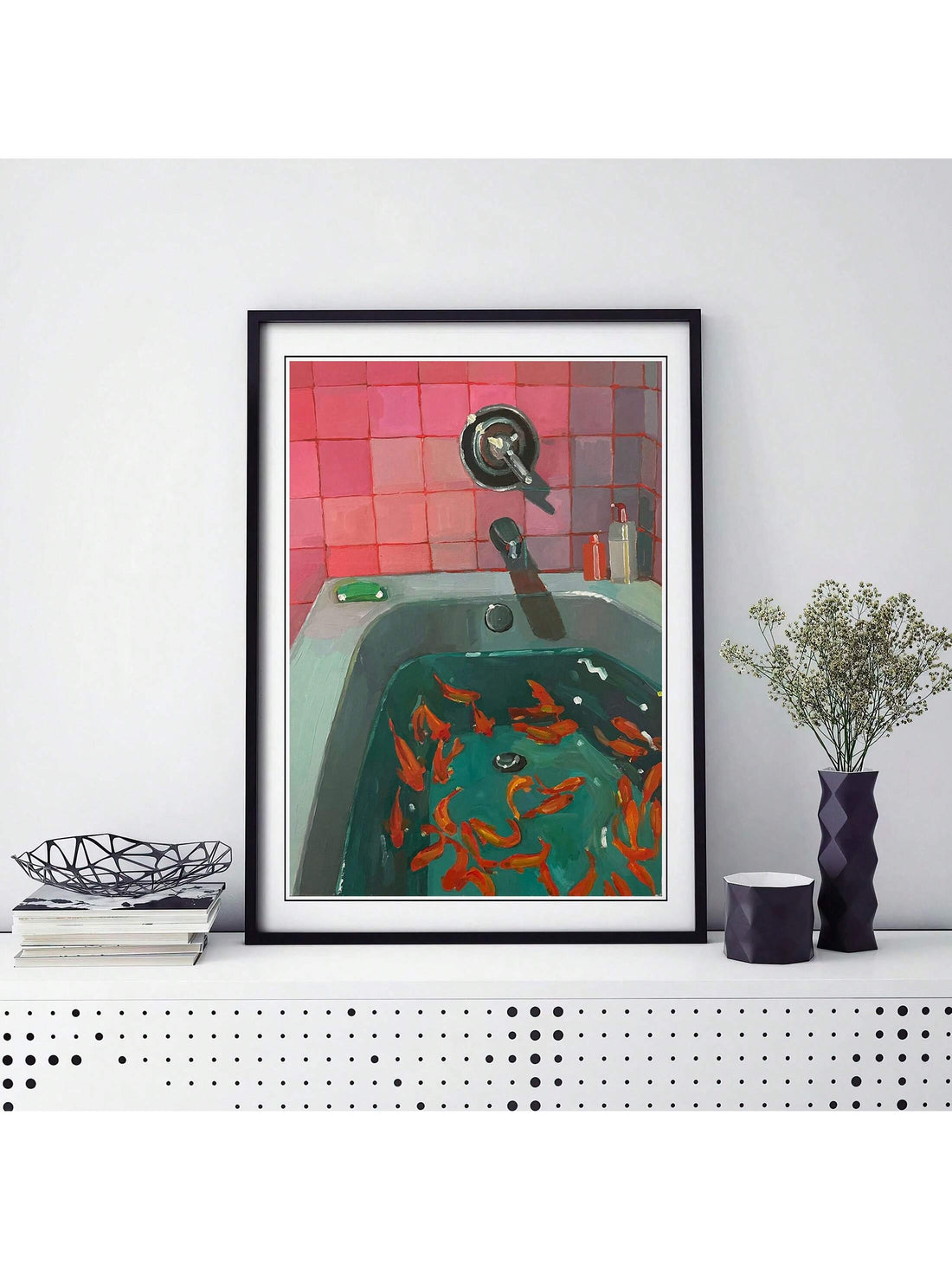 Add a dash of charm to your modern bathroom decor with this quirky Charming Pink Plaid Goldfish Canvas Print. The playful design is perfect for livening up any space, while the high-quality canvas ensures long-lasting beauty. Upgrade your walls with this unique and stylish piece of wall art.
