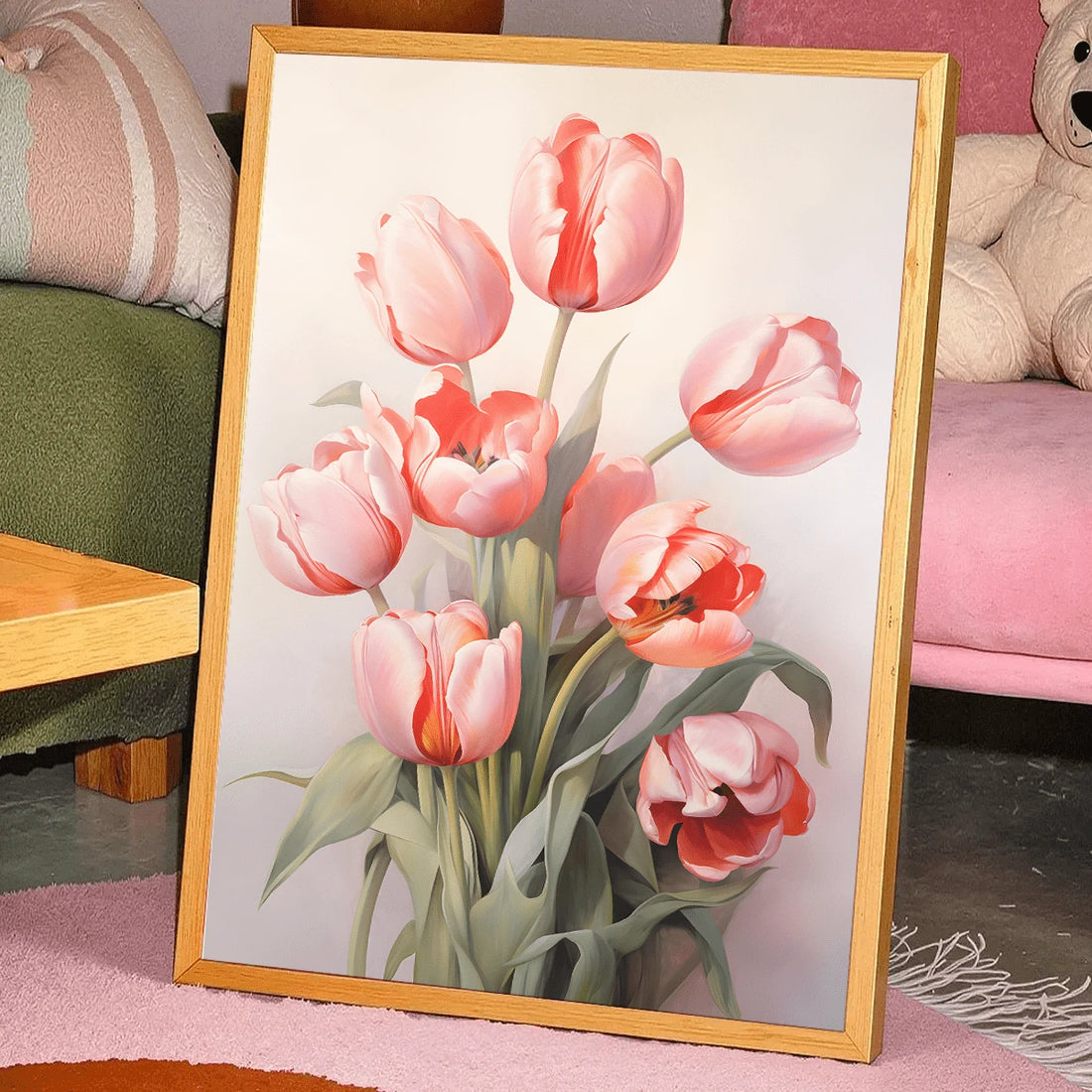 Pink tulip canvas poster in a light wood frame beside a colorful sofa