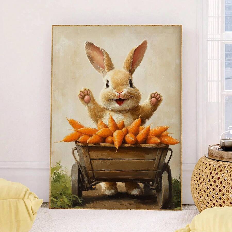 Bring whimsy and warmth to any space with this charming rabbit and carrot canvas wall art. Featuring a delightful cartoon design, this piece combines playful animal and plant patterns perfect for kids' rooms, nurseries, or spring-themed celebrations.