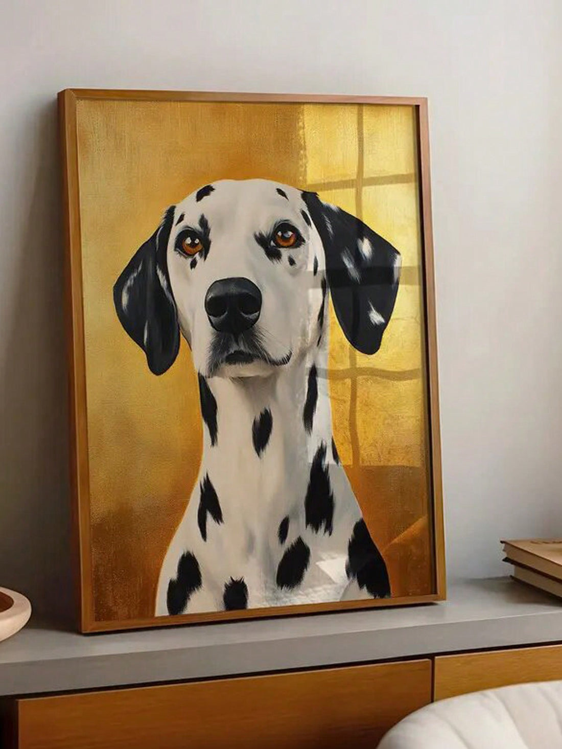 Transform your space with this charming retro spotted dog wall art. Expertly crafted on an unframed vintage gold canvas, this painting adds a touch of vintage charm to any room. Let your love of dogs shine through in a unique and stylish way.