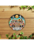 Add a touch of charm to your space with our Charming Round Metal Wall Art featuring a fun Hippie Van design and the inspiring words 