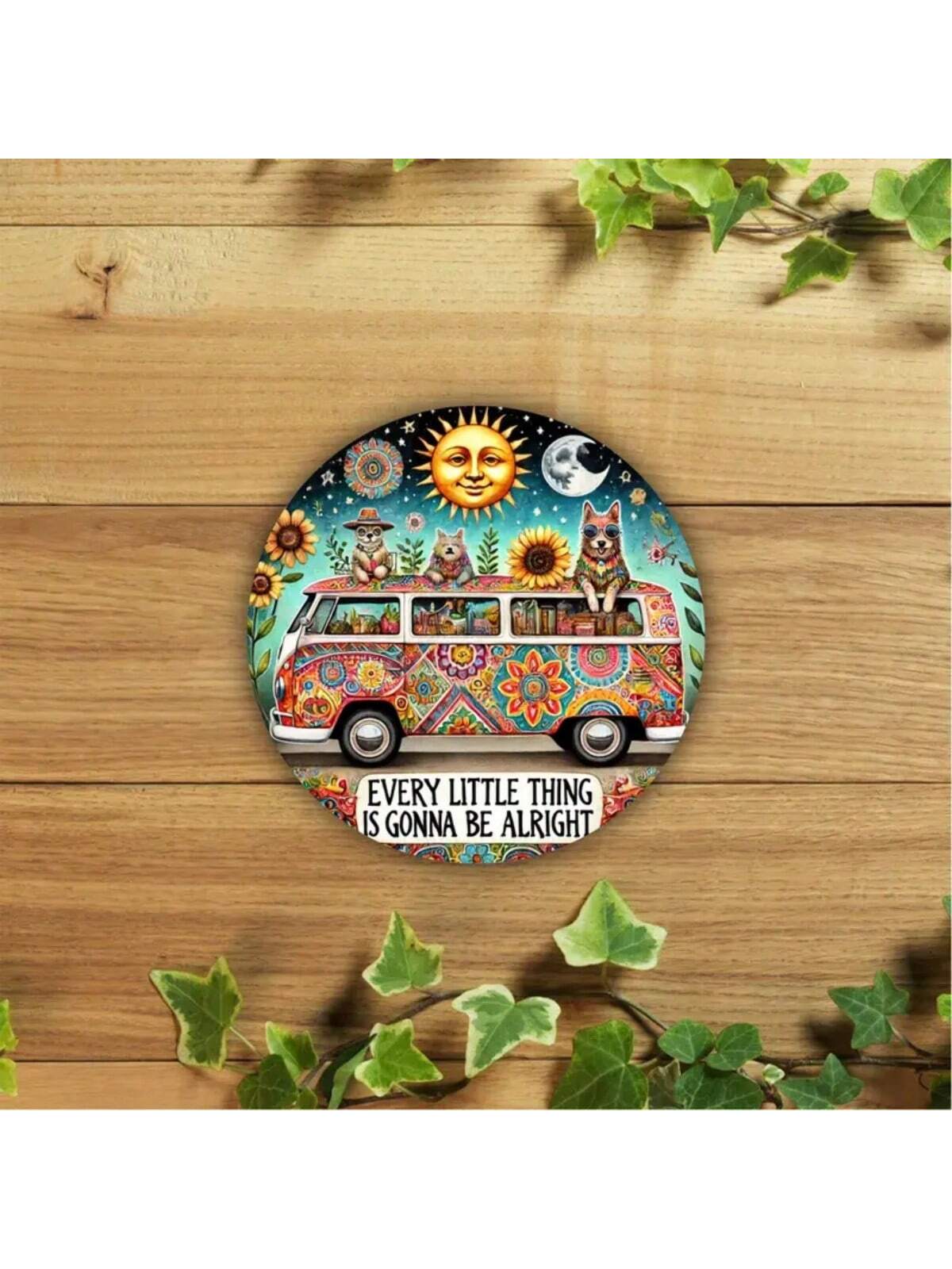 Add a touch of charm to your space with our Charming Round Metal Wall Art featuring a fun Hippie Van design and the inspiring words "Every Little Thing Is Gonna Be Alright". Perfect for home, office, or cafe décor, this versatile piece is sure to bring positivity and style to any room.
