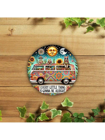 Add a touch of charm to your space with our Charming Round Metal Wall Art featuring a fun Hippie Van design and the inspiring words "Every Little Thing Is Gonna Be Alright". Perfect for home, office, or cafe décor, this versatile piece is sure to bring positivity and style to any room.