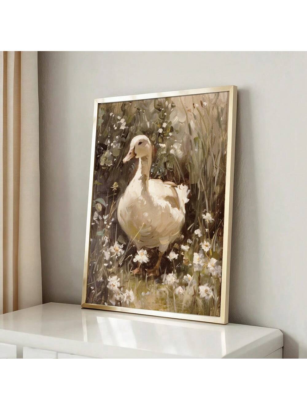 Bring the charm of the countryside to your home with our Charming Rustic Goose &amp; Duck Canvas Print. The vintage farmhouse design is perfect for creating a relaxing cottagecore aesthetic. The high-quality canvas material ensures durable and long-lasting wall art for your space.