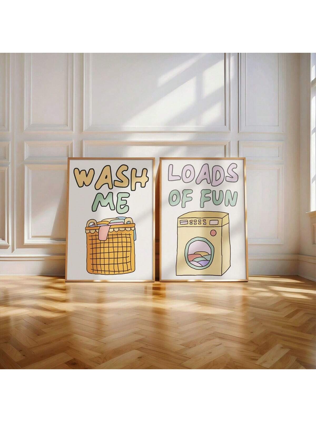 Add a touch of humor and style to your laundry space with this charming set of two minimalist posters. Featuring retro-inspired cartoon designs, these unframed prints bring a playful yet sophisticated vibe to your laundry room décor. Perfect for brightening up the space while keeping the aesthetic clean and modern.