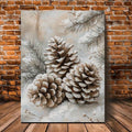 Snow-dusted pinecone canvas poster against a brick wall