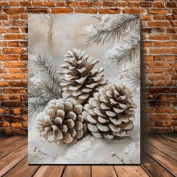 Snow-dusted pinecone canvas poster against a brick wall