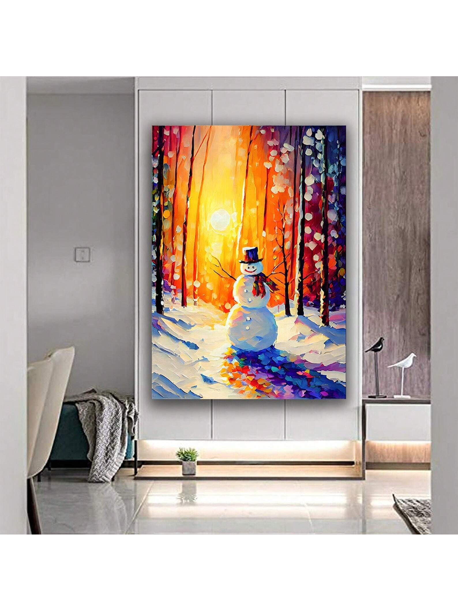 This charming canvas print showcases a delightful snowman admiring a beautiful winter sunset. Perfect for adding a festive touch to any space, this wall art captures the magic and wonder of the holiday season. Crafted with high-quality materials, this print is sure to bring joy and warmth to any room.
