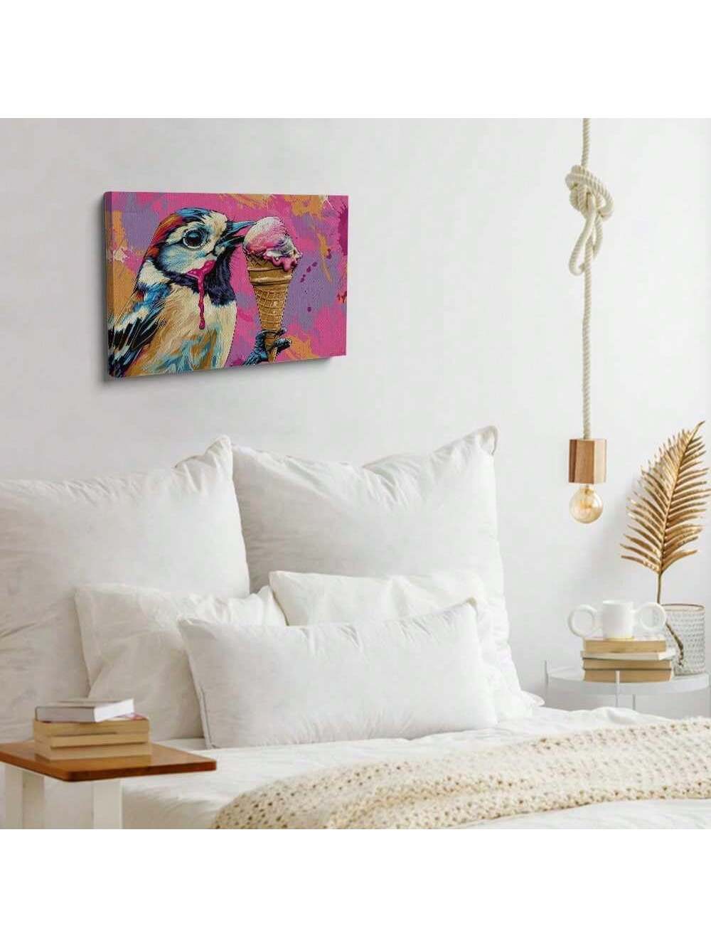 Add a whimsical touch to your home with our Charming Songbird Ice Cream Canvas Art. Perfect for any space, this framed canvas poster adds a touch of charm and playfulness. Brighten up your decor and bring a smile to your face with this delightful piece.